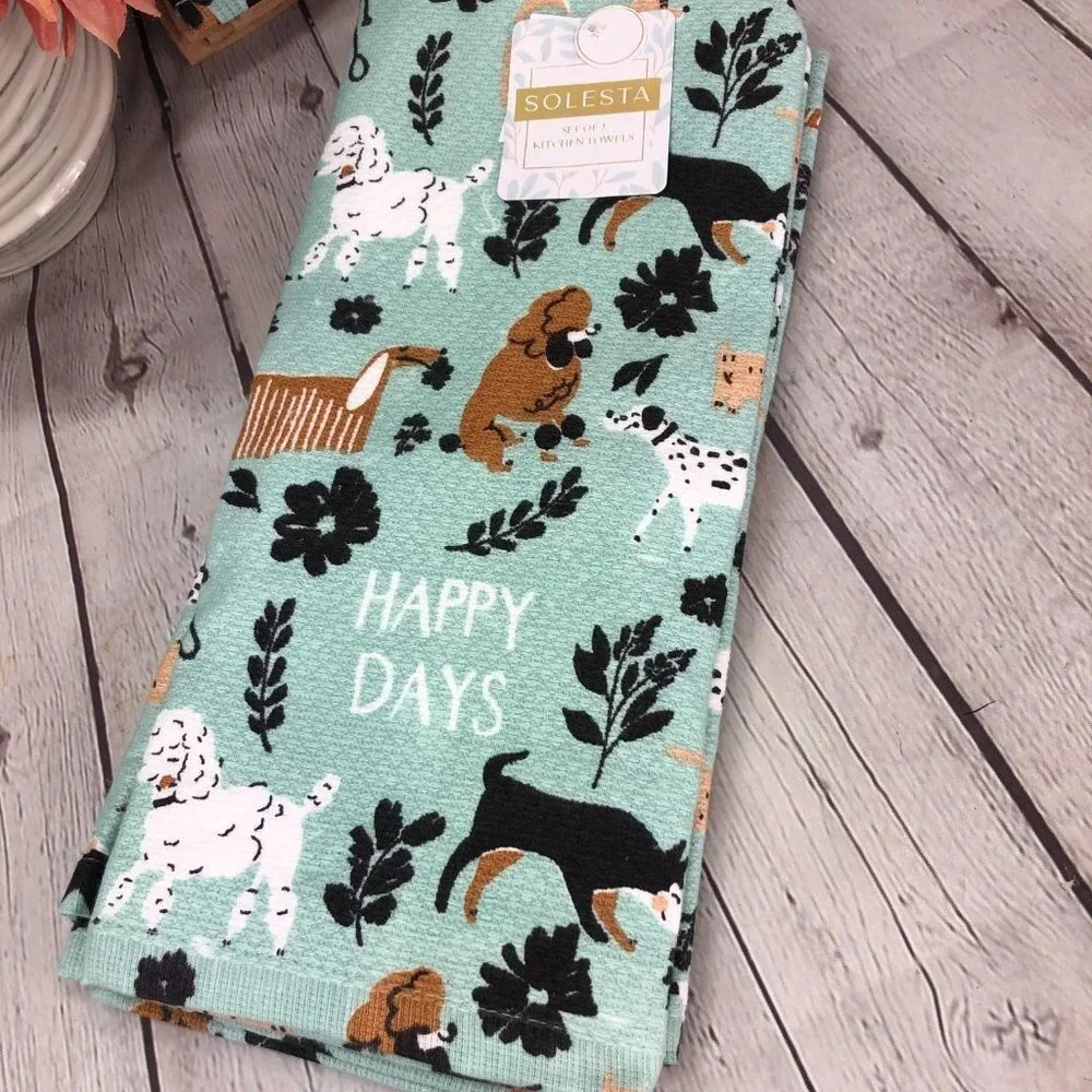 Solesta dish towel and dish cloth set with dogs Happy Days